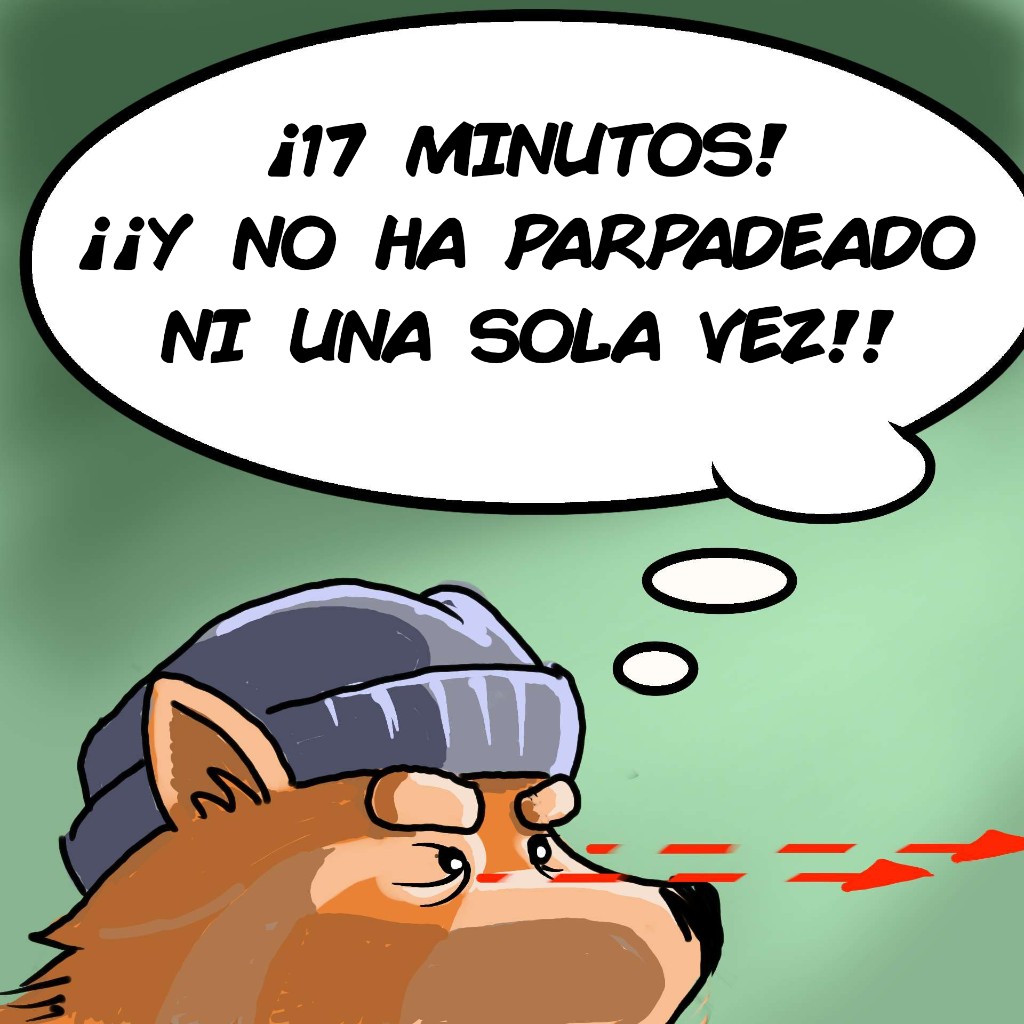 Tall con gorro gris mira fijo hacia la derecha; rayos rojos salen de sus ojos.