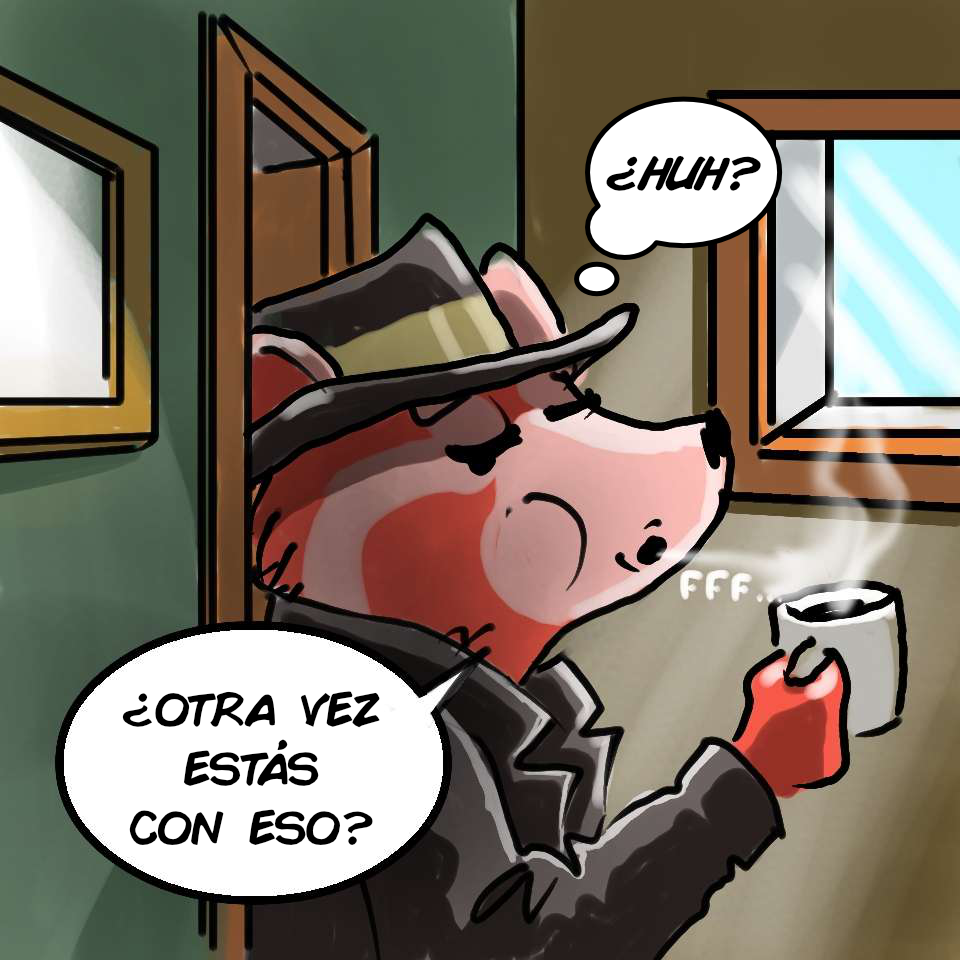 Tall vestido de detective sopla una taza humeante con expresión de duda.